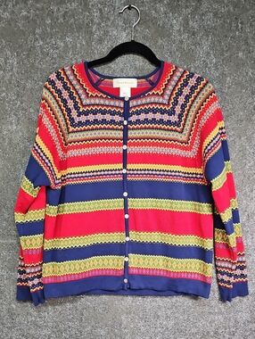 Vtg Susan Bristol Fair Isle Cardigan, Multi Color Blue, Cotton, Size Large